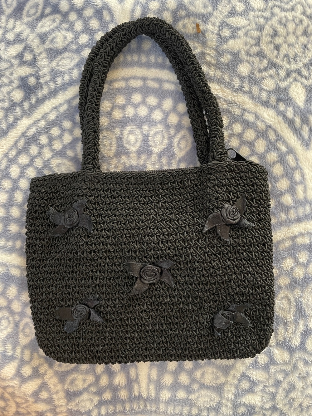 Black Handwoven Floral Rosette Tote
